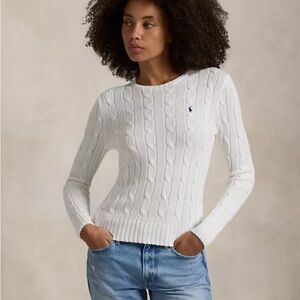 Ralph Lauren Women's White Cable Knit Sweater with navy logo